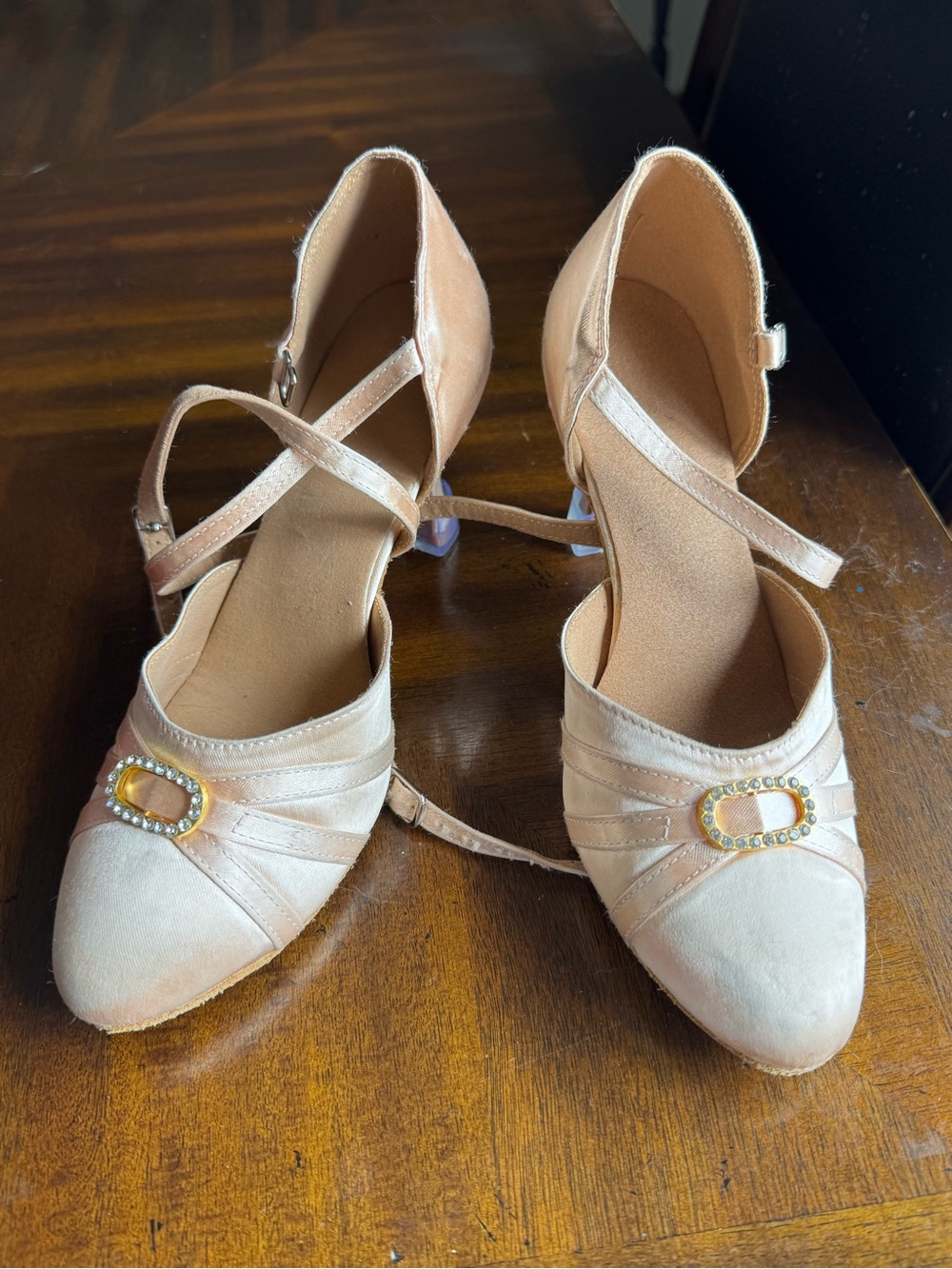 Women's Nude Satin Cross-Strap Heels with Decorative Buckle